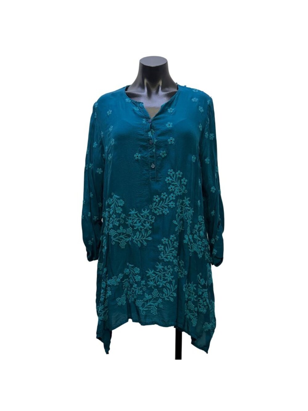 Johnny Was Embroidered Teal Button-Up Blouse Floral Design M